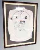 A Surrey Cricket jersey bearing signatures in frame.