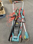 A Bosch Rotak 34 GC electric lawn mower with grass box and lead,