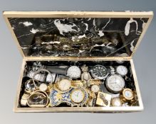 A black marble lidded box containing watches, pocket watches, child's rattle etc.