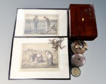 Two Continental prints, together with a Victorian mahogany writing box, lidded pots,