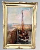 John Falconer Slater (1857 - 1937) : Unloading the day's catch, oil on canvas, 50 cm x 75 cm,