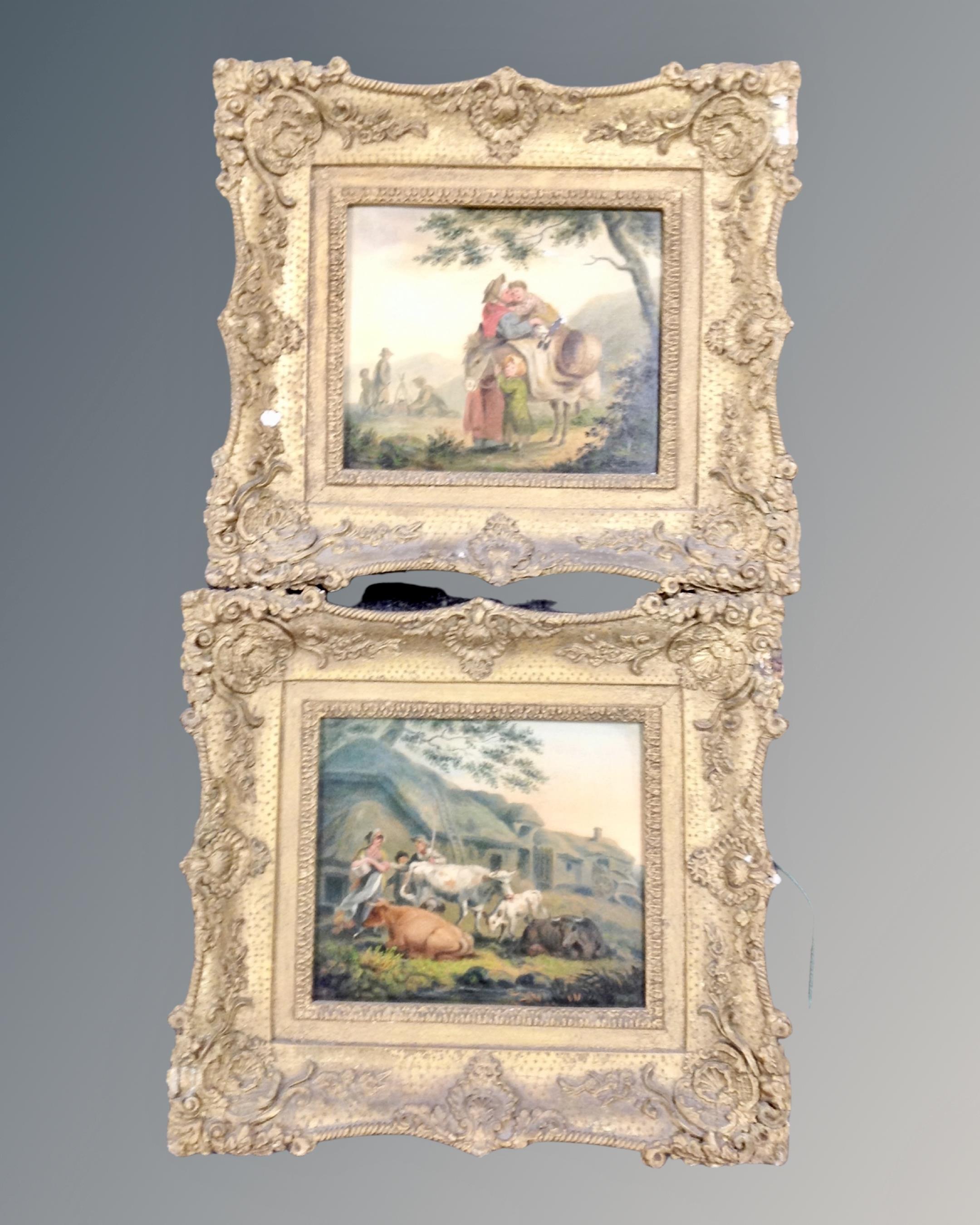 Two antiquarian oil paintings depicting a Family with Donkey and a Family with cattle,