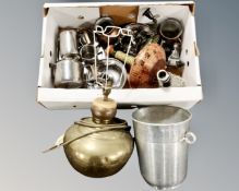 A box of assorted metal ware, copper jugs, candlesticks, stainless steel tea ware,