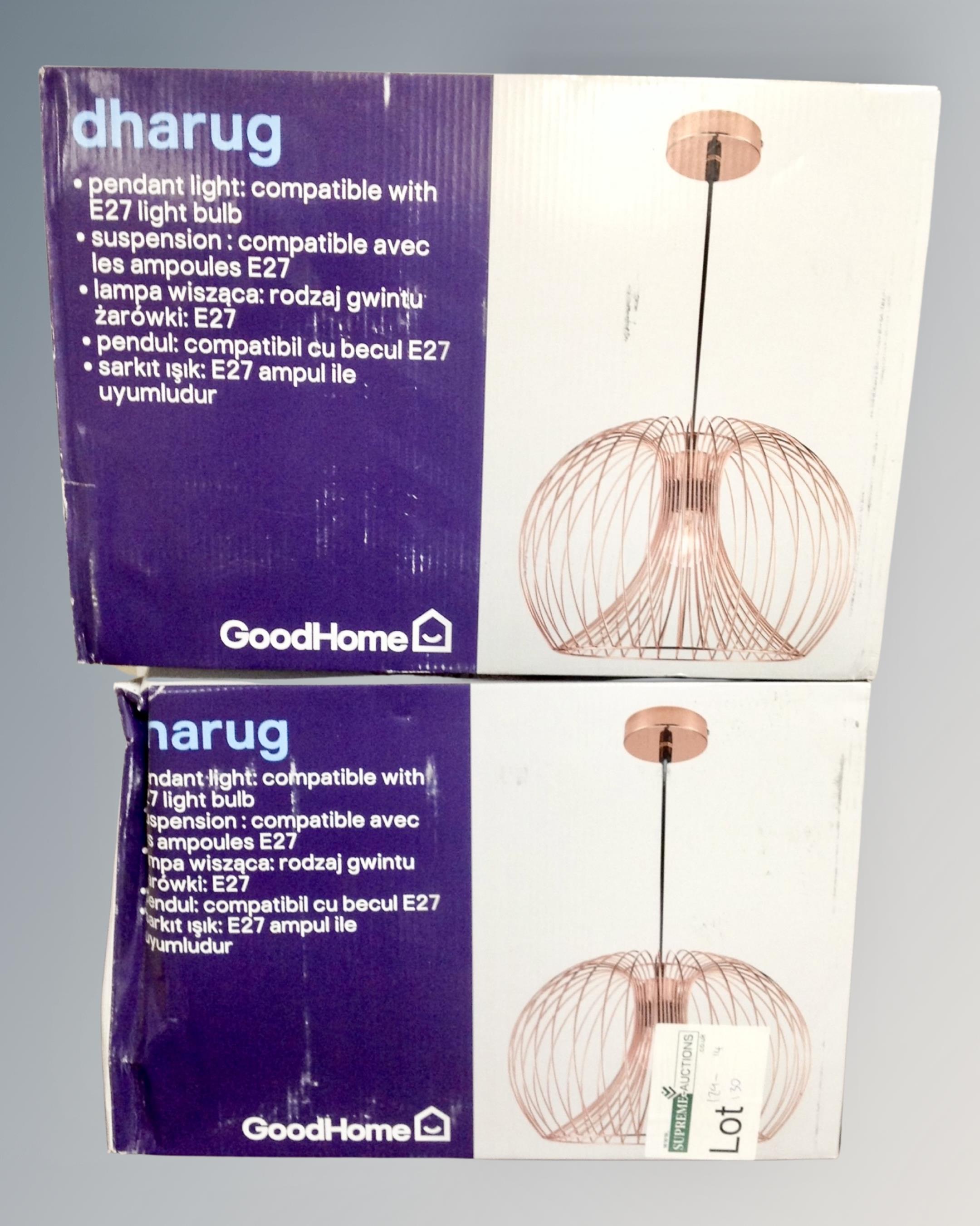 Two Goodhome Dharug copper finished pendant light fittings, boxed.