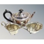 A Sheffield silver plated three-piece tea service, comprising the teapot, sugar bowl and cream jug.