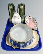 A Wedgwood Jasperware blue and white metal-rimmed circular fruit bowl, diameter 24 cm,