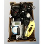 A box of assorted electrical to include Altec Lansign headphones, Bosch batteries and charger,