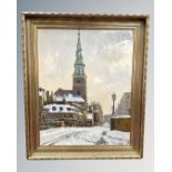 Continental School : Church Building in a Snow Lined Street, oil on canvas, 60cm by 75cm,