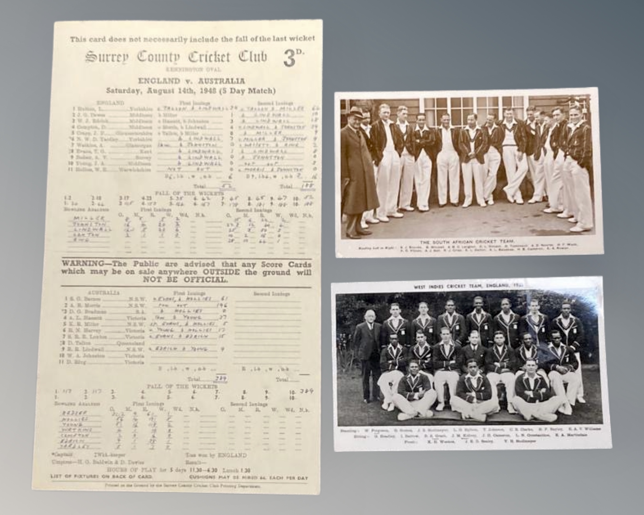 Cricket interest : England / Australia 1948 original Scorecard Edrich, Bradman, Compton, Lindwall,