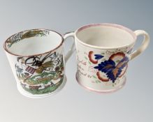 Two 19th century oversized mugs, one Imari patterned and dated 1847 and the other 'Trust In God'.