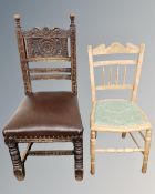 A 19th century carved oak dining chair and a bedroom chair