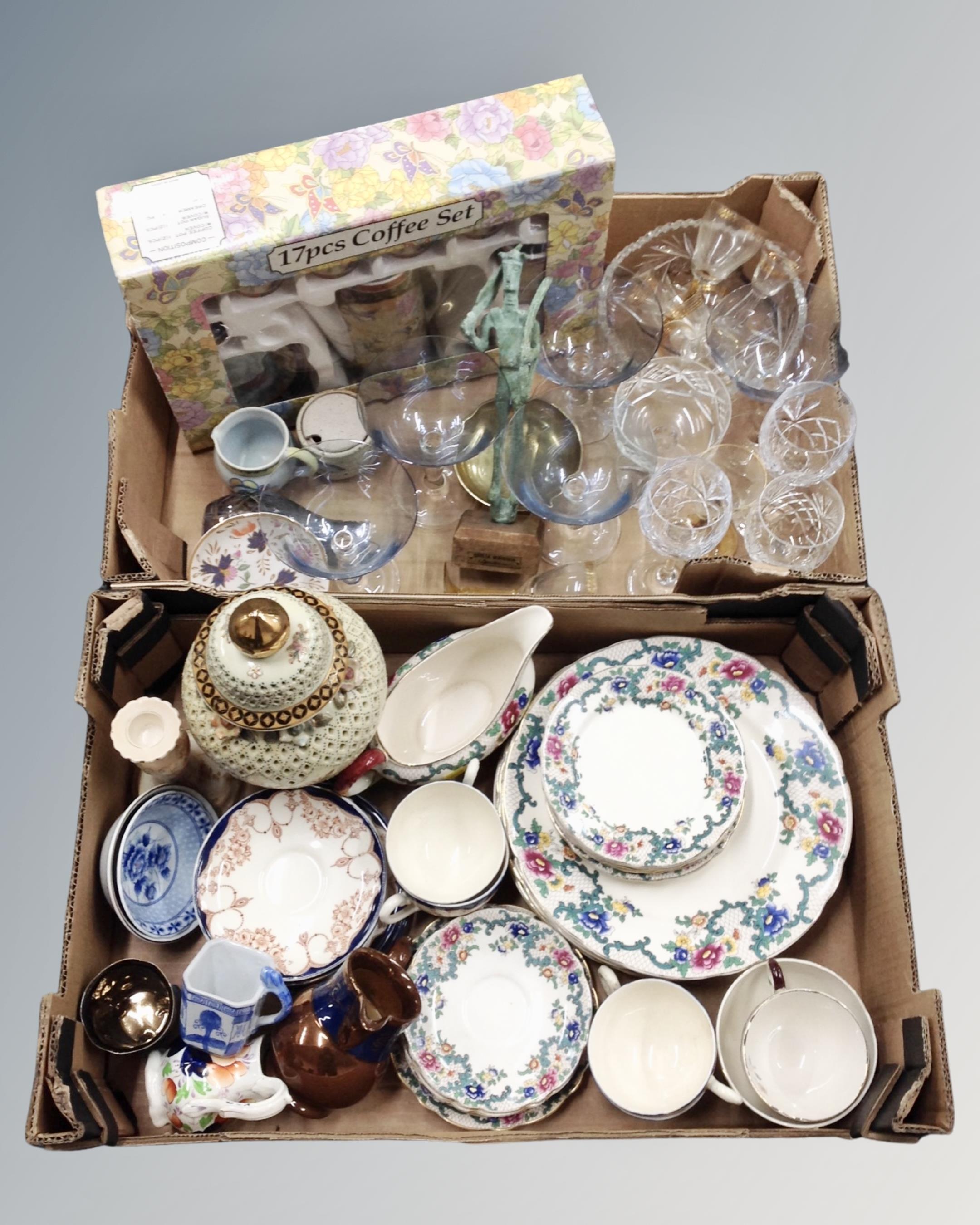 Two boxes containing assorted ceramics and glass ware to include Royal Cauldon Victoria dinner ware,