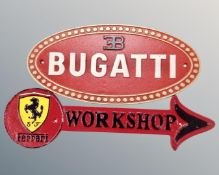 Two cast iron wall plaques, Ferrari Workshop arrow and Bugatti.