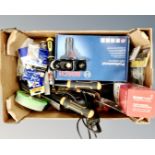 A box containing assorted power and hand tools including a boxed Bosch professional 10.