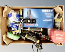 A box containing assorted power and hand tools including a boxed Bosch professional 10.