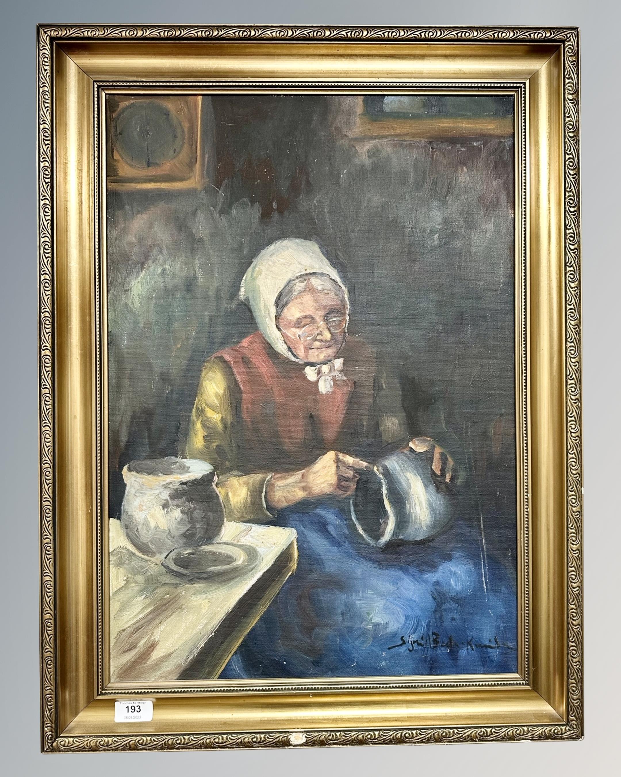 Continental School : A Lady Working Clay, oil on canvas, 42cm by 60cm, indistinctly signed.