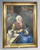 Continental School : A Lady Working Clay, oil on canvas, 42cm by 60cm, indistinctly signed.