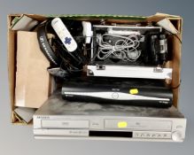 A box containing assorted electricals including Samsung DVD/VCR recorder, Sky+ HD box,