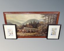 An oil on canvas depicting loggers in a woodland scene,