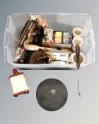 A box of vintage kitchenalia, storage jars, coffee grinder, salt pot,