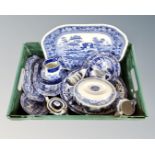 A box containing antique and later blue and white ceramics including Copeland Spode Italian pattern.