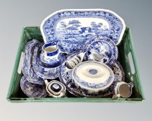 A box containing antique and later blue and white ceramics including Copeland Spode Italian pattern.