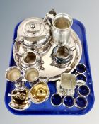 A tray containing plated wares including a three piece Art Deco tea service on tray,