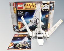 A Lego Star Wars 75094 Imperial Shuttle Tydirium with mini-figures, box and instructions.