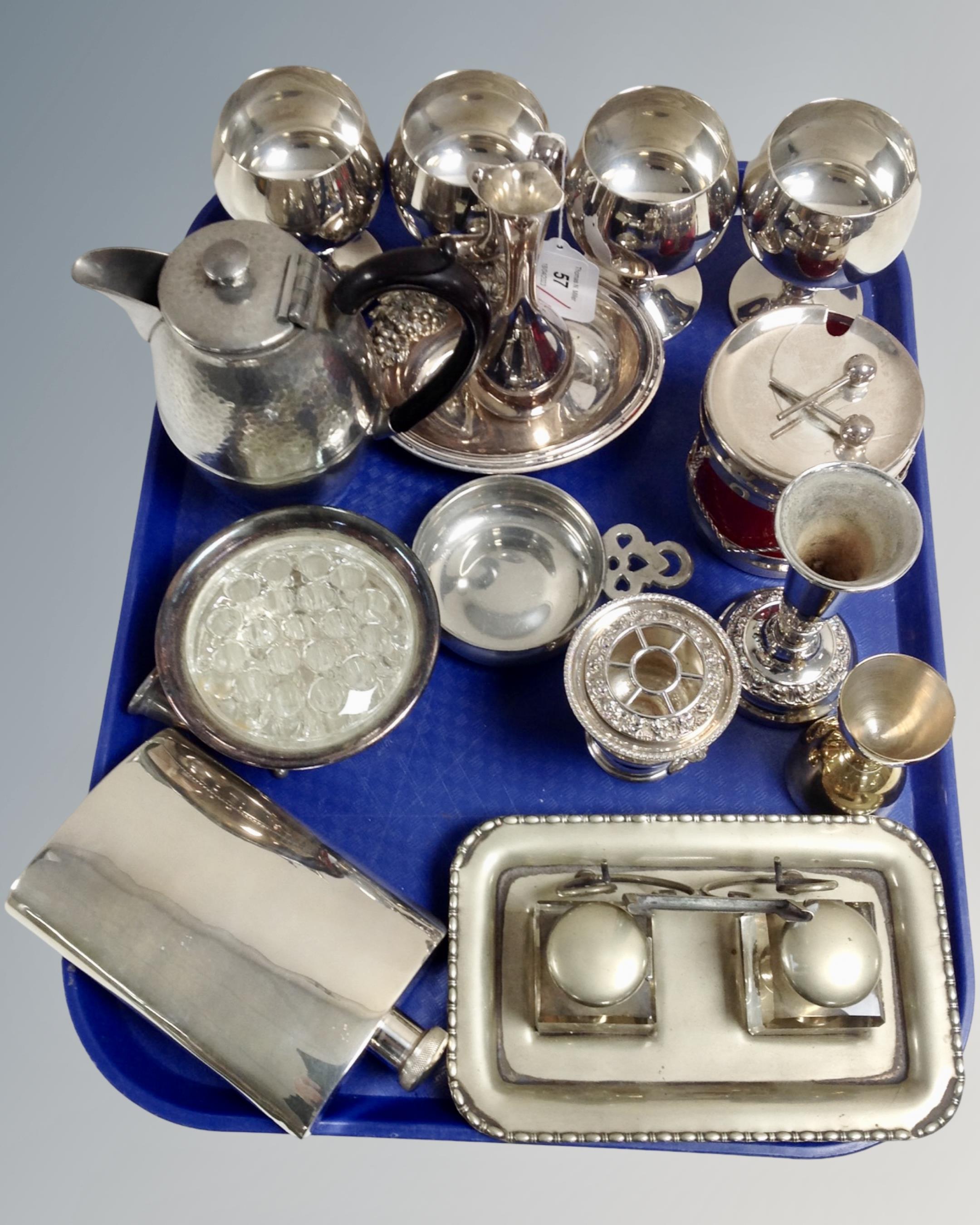 Fifteen pieces of silver plate and a piece of pewter : Hip flask, goblets, ruby glass-lined jam pot,