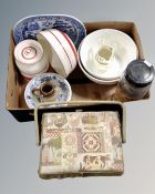 A box of sewing box, vintage confectionary storage jar, kitchenalia to include storage jar,