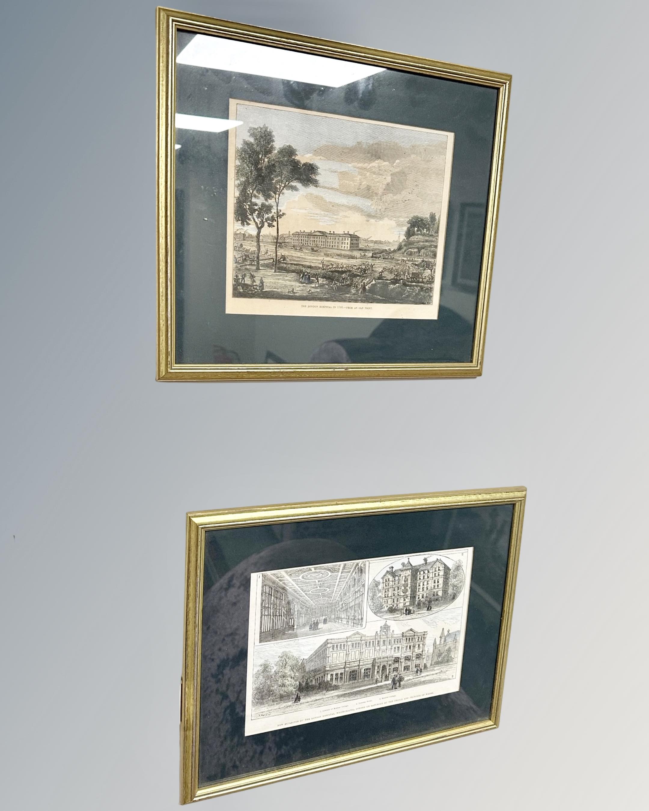 Two hand coloured prints depicting The London Hospital in 1753, each 24 cm x 17 cm.