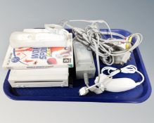 A Nintendo Wii with leads and controller and Wii Sports party game