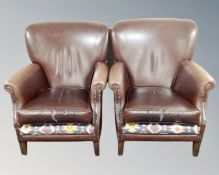 A pair of armchairs in studded brown vinyl