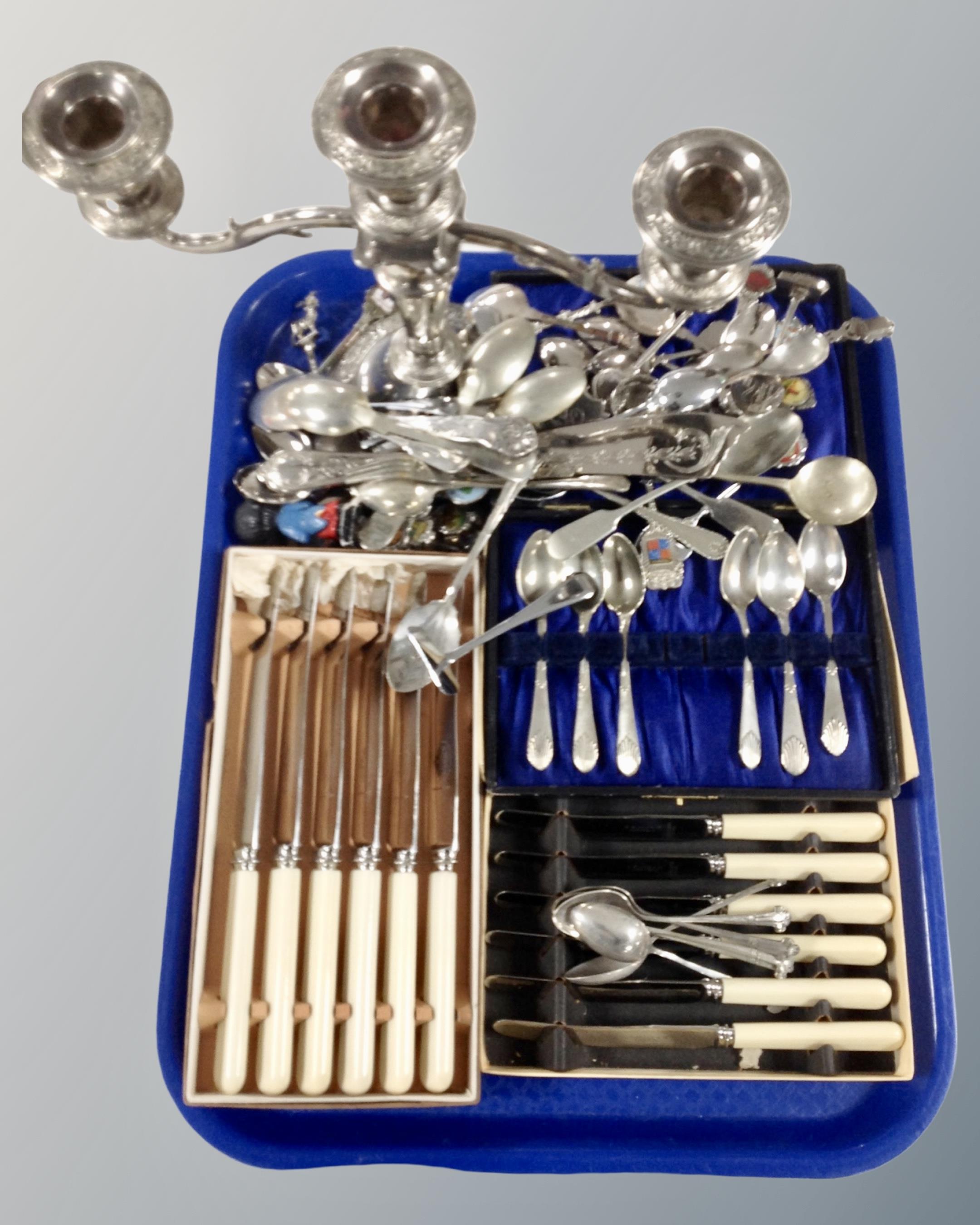 A tray containing cased teaspoons and butter knives together with a large collection of plated