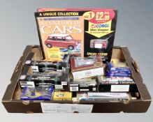 A box of die cast vehicles to include Classic Car Collection magazines with cars (three issues),