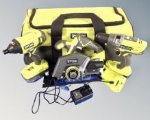 A Ryobi 18v 3-piece tool kit with batteries and charger in bag
