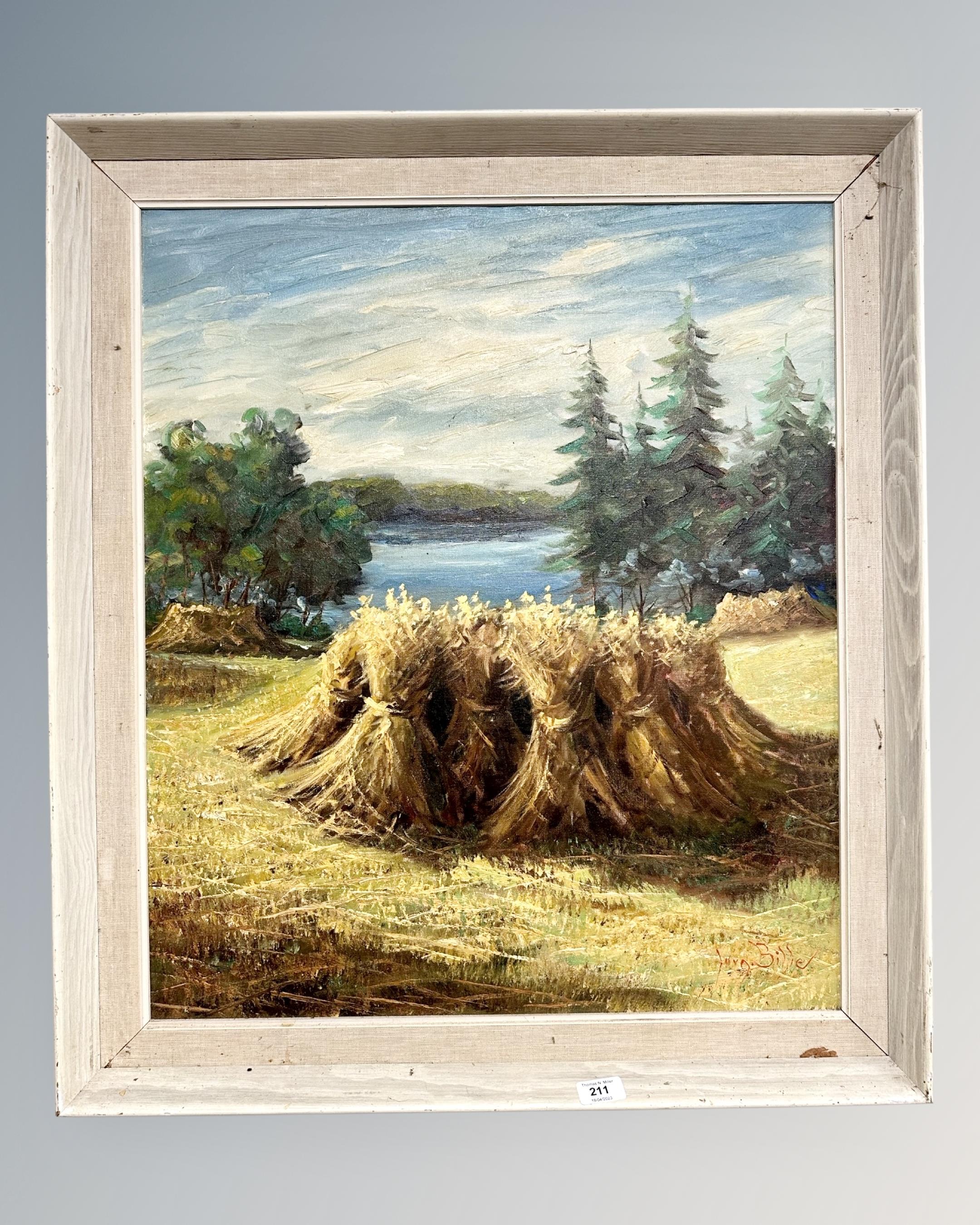 Jørg Biller : Sheaves of Corn with a Lake Beyond, oil on canvas, 59cm by 69cm.