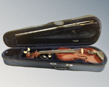 A The Maidstone violin and bow with chin rest, two-piece 14" back,