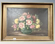 Continental School : Still Life with Roses in a Vase, oil on canvas, 64cm by 44cm,