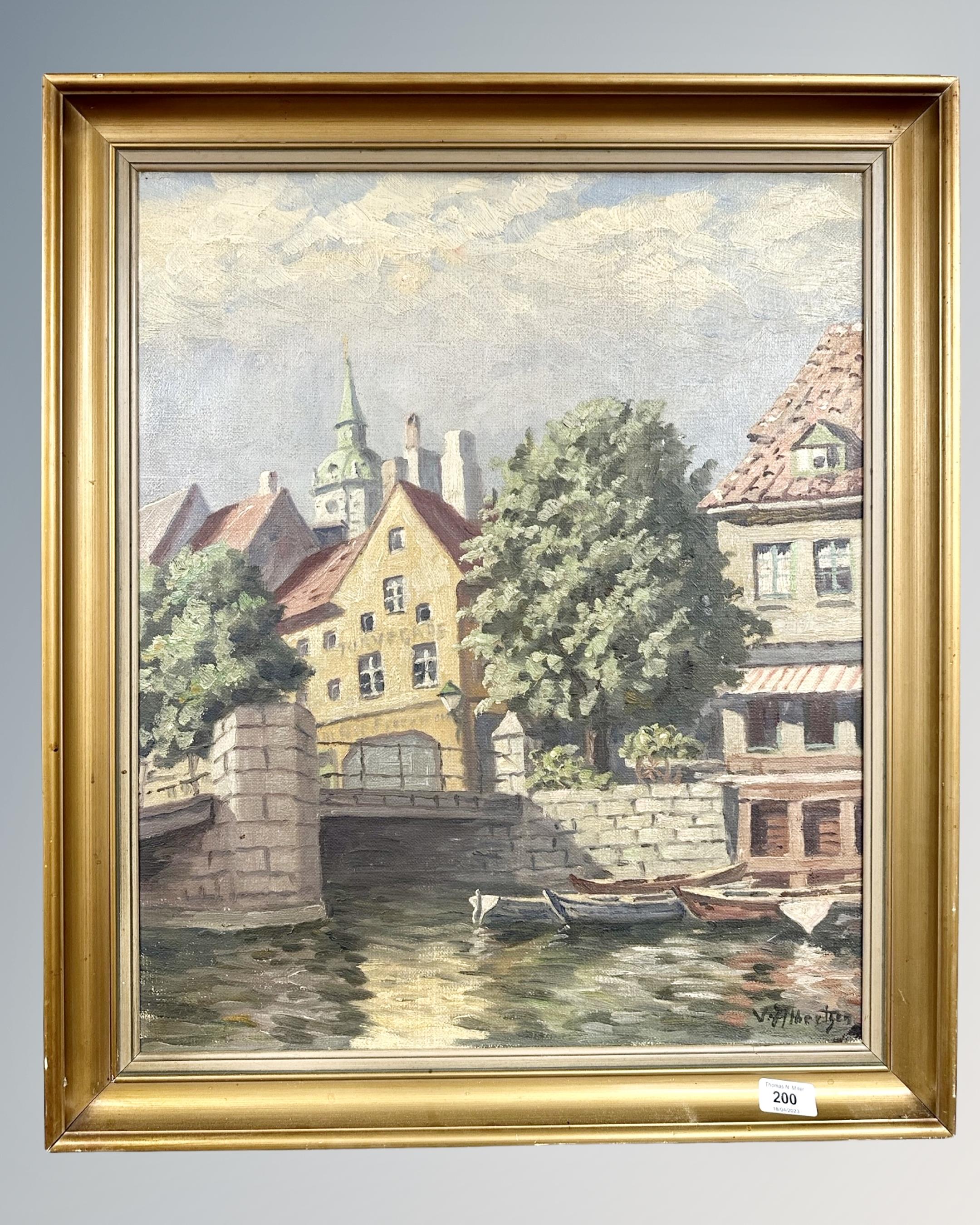 V. Albertsen : Buildings by a Bridge, oil on canvas, 49cm by 59cm.