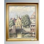 V. Albertsen : Buildings by a Bridge, oil on canvas, 49cm by 59cm.