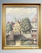 V. Albertsen : Buildings by a Bridge, oil on canvas, 49cm by 59cm.