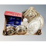 A box containing plated tureens, glass hors d'oeuvres dishes, boxed wine glasses and decanter.