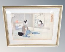 A Japanese woodblock print by Toshikata Mizuno : Winter Visit from a Neighbours Petty Favourite,