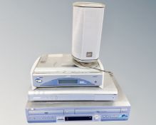 A JVC CD player with speakers together with a Sony DVD VCR and a BT digital receiver