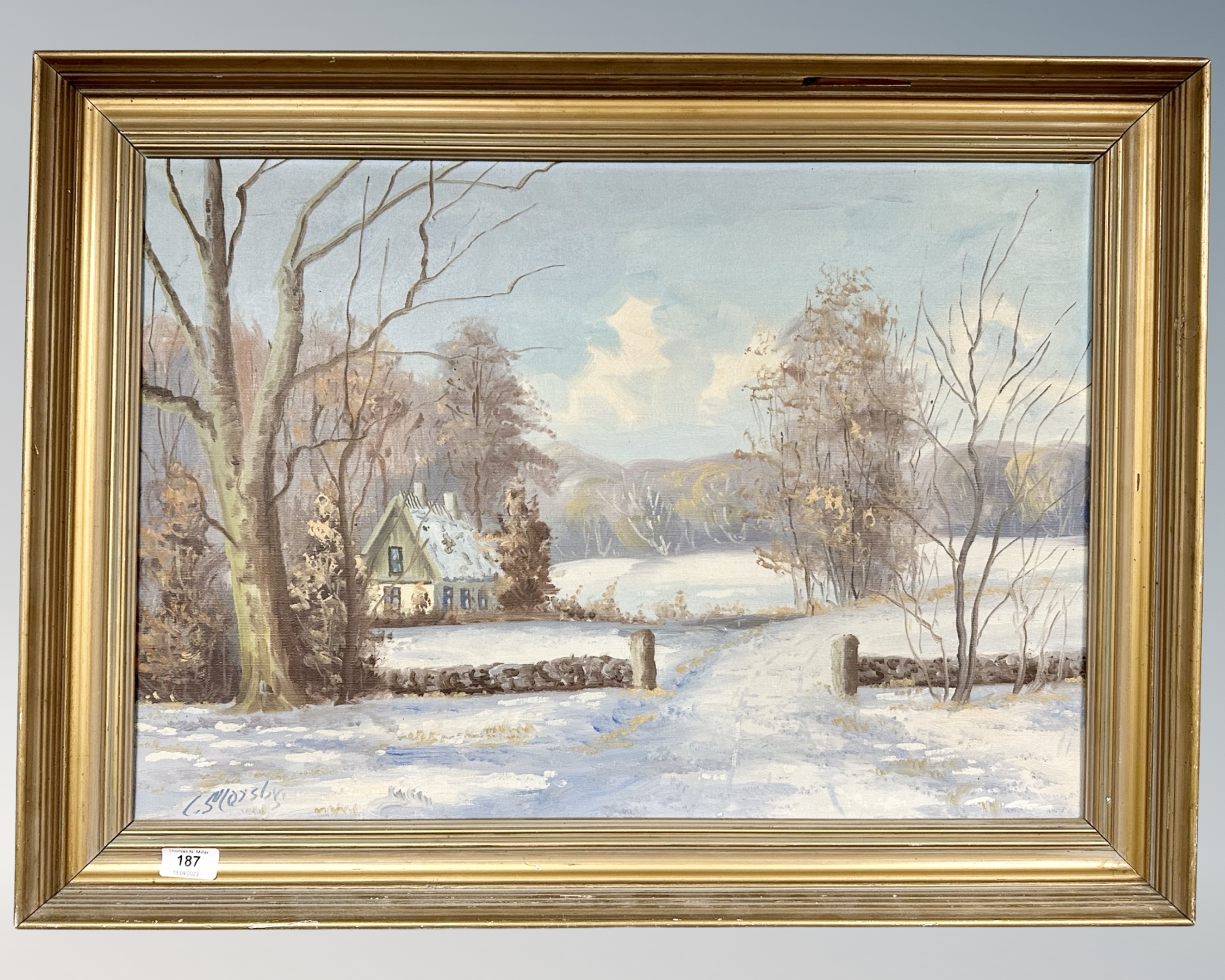 C. Slossby : Cottage in a Winter Landscape, oil on canvas, 65cm by 45cm.