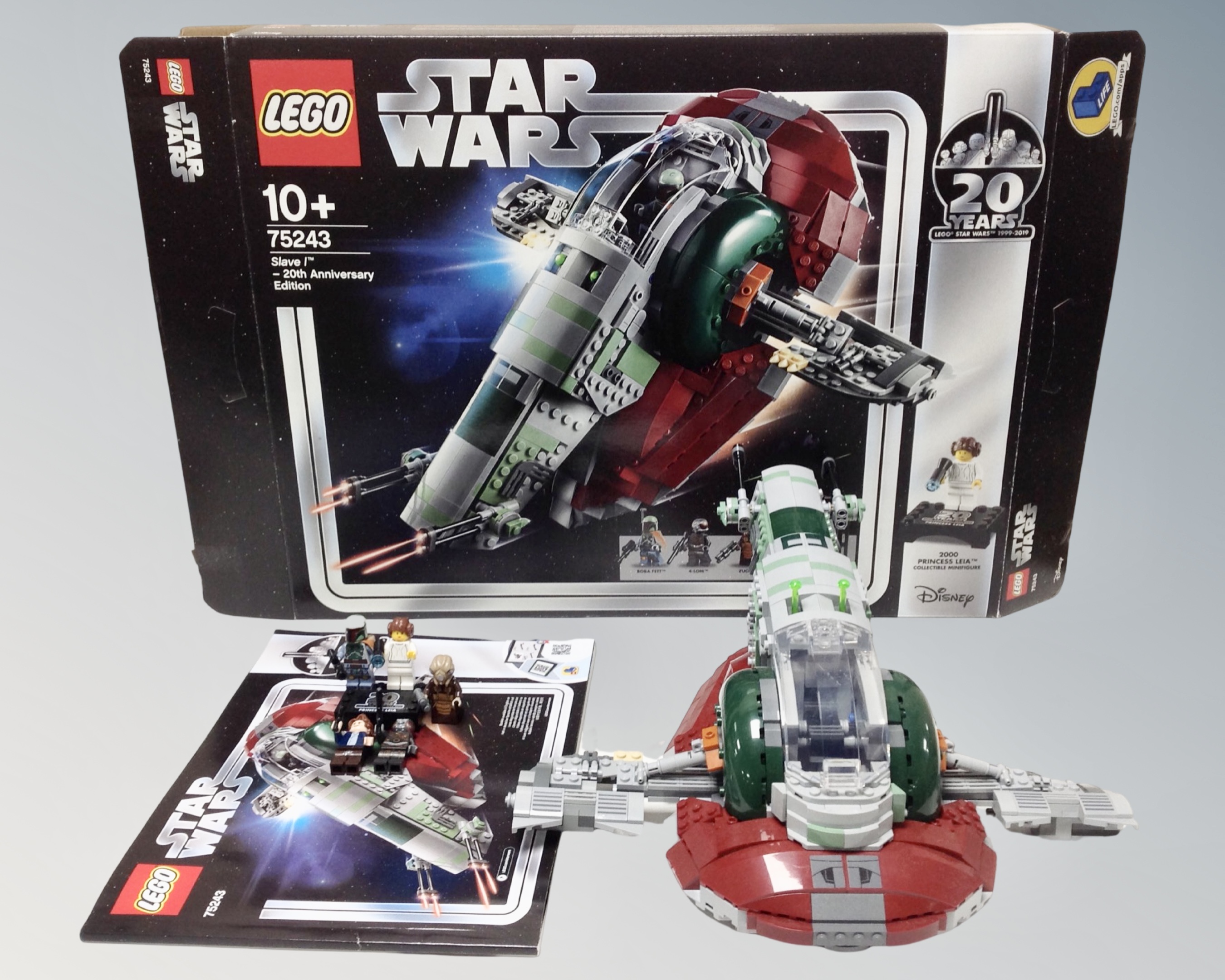 A Lego Star Wars 75243 Slave I 20th Anniversary edition with mini-figures, box and instructions.