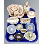 A tray containing assorted ceramics including Maling, Wedgwood Jasperware, continental figure,