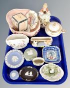 A tray containing assorted ceramics including Maling, Wedgwood Jasperware, continental figure,