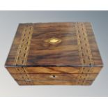 A Victorian walnut marquetry inlaid sewing/writing box with contents.